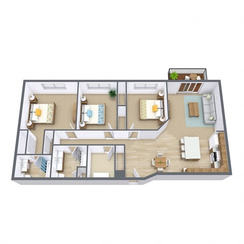 Floor plan for 3 beds, 2 baths, 1275 sqft